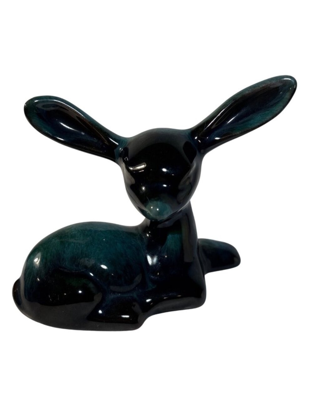 Blue Mountain Potter Deer Fawn Resting Long Ears 4.5" Long Green Black MCM Vtg